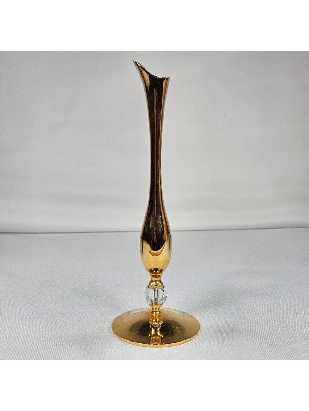 Vintage Brass Bud Vase Slender Mid Century Modern MCM Crystal Accent 6.75